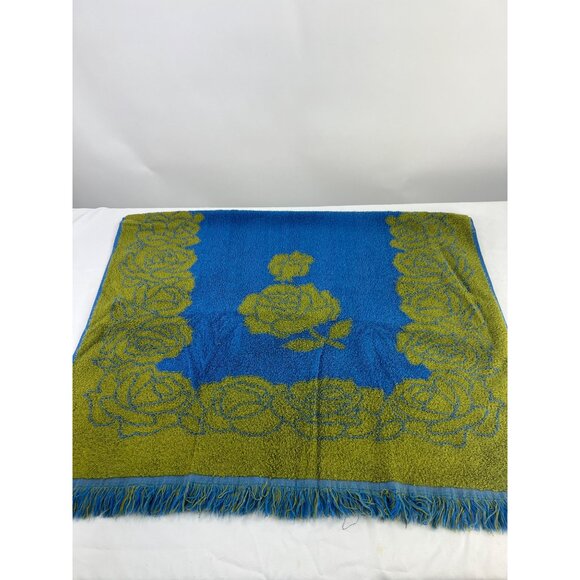 VTG Tastemaker Mohawk Bathroom Towel Roses Avocado Green & Royal Blue Retro - Picture 4 of 6